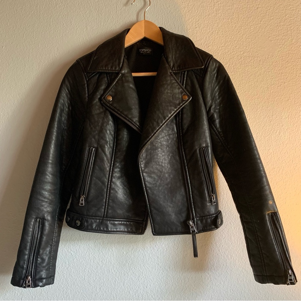 Topshop Black Faux Leather Jacket Size 2